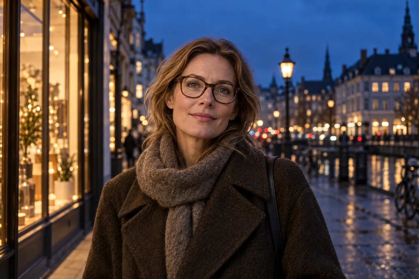 Kvinde med briller i en vinterfrakke på en gade med varmt aftenlys.